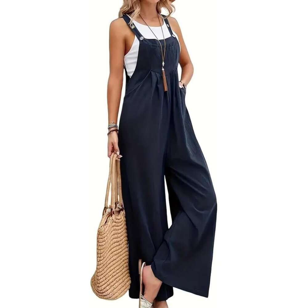 Women Blue Adjustable-Strap Sleeveless Baggy Jumpsuit Long Rompers with Pocket